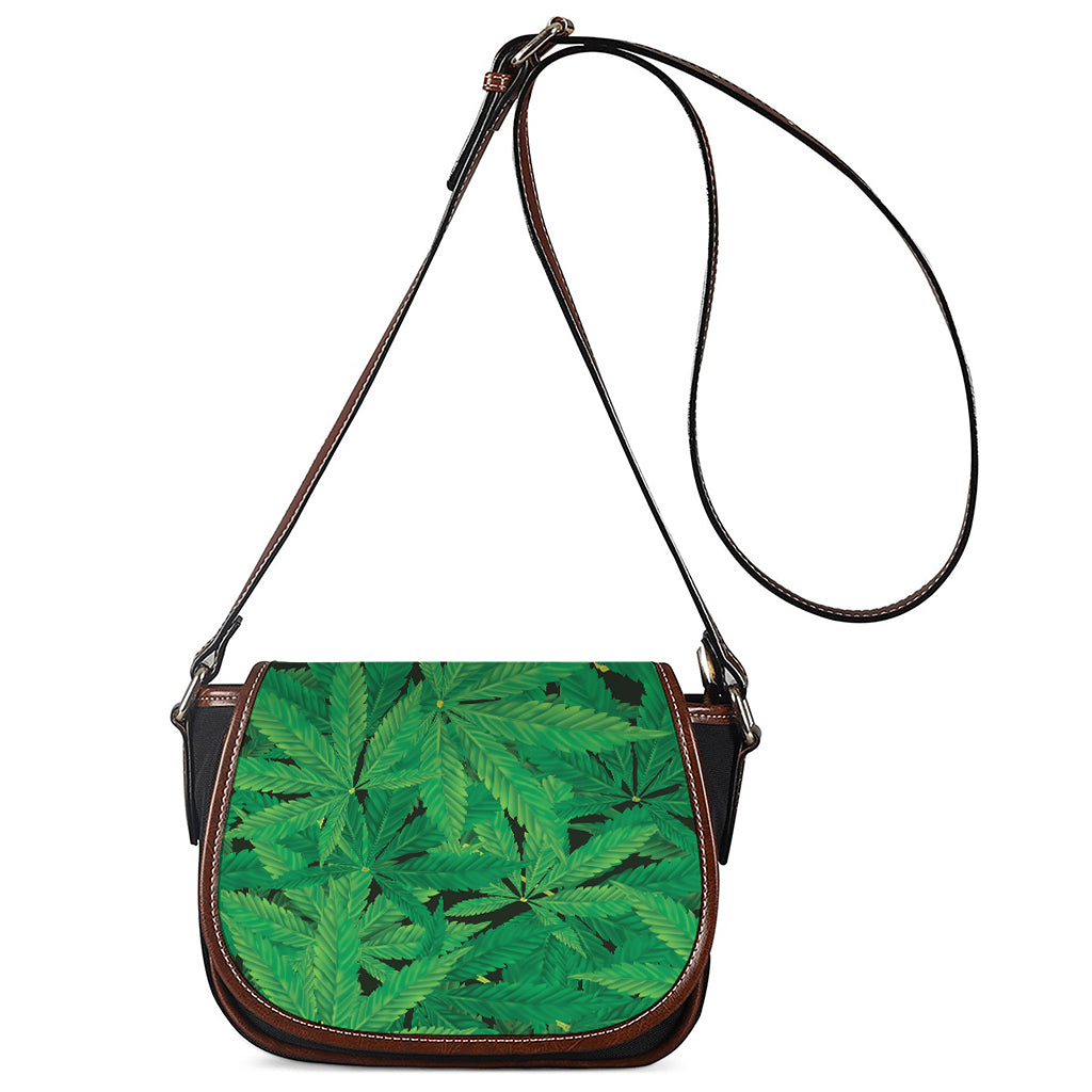 Green Marijuana Leaf Print Saddle Bag