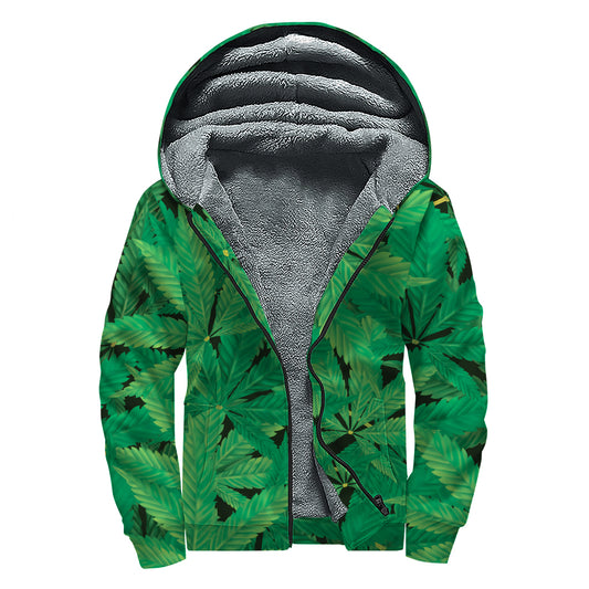 Green Marijuana Leaf Print Sherpa Lined Zip Up Hoodie