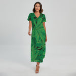 Green Marijuana Leaf Print Short Sleeve Maxi Dress