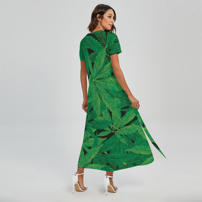 Green Marijuana Leaf Print Short Sleeve Maxi Dress