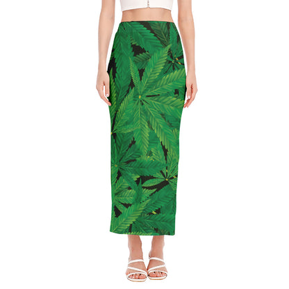 Green Marijuana Leaf Print Side Slit Maxi Skirt