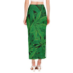 Green Marijuana Leaf Print Side Slit Maxi Skirt