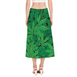 Green Marijuana Leaf Print Side Slit Midi Skirt