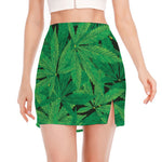 Green Marijuana Leaf Print Side Slit Mini Skirt