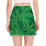 Green Marijuana Leaf Print Side Slit Mini Skirt