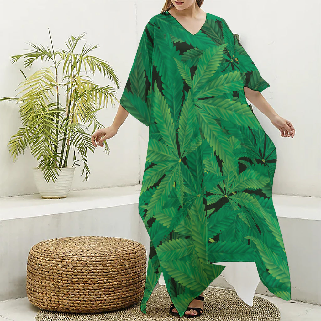 Green Marijuana Leaf Print Silk V-Neck Kaftan Dress
