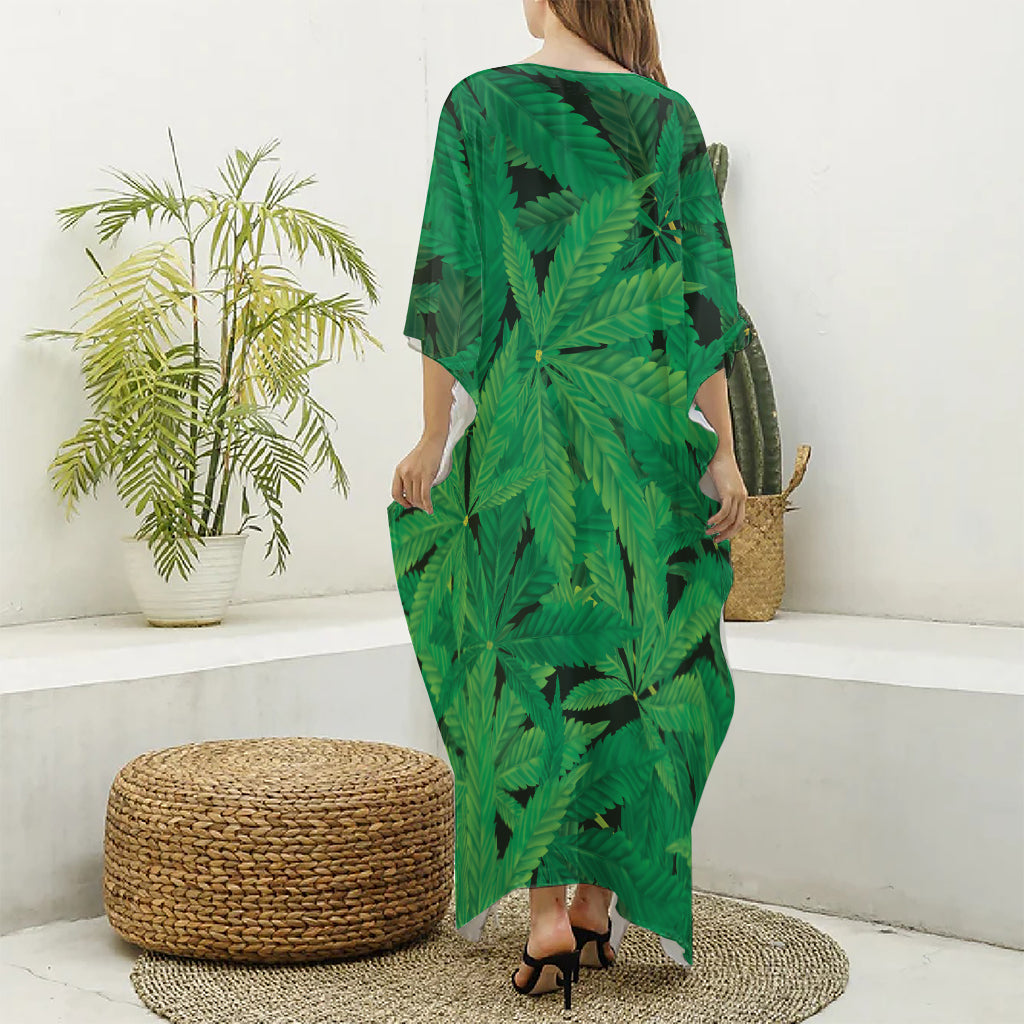Green Marijuana Leaf Print Silk V-Neck Kaftan Dress