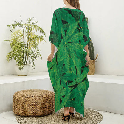 Green Marijuana Leaf Print Silk V-Neck Kaftan Dress