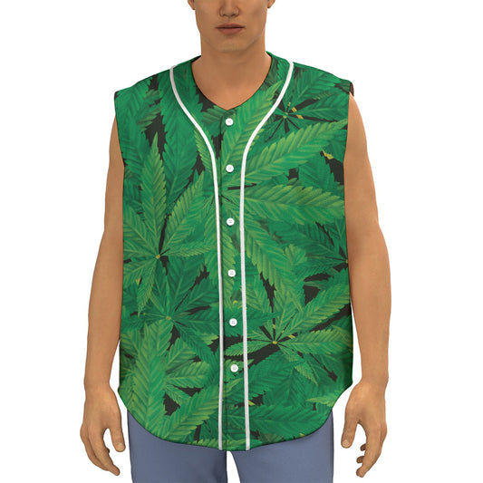Green Marijuana Leaf Print Sleeveless Baseball Jersey