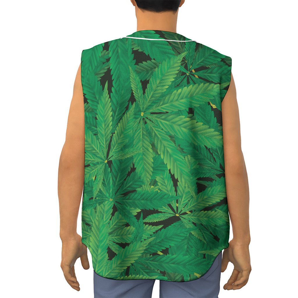 Green Marijuana Leaf Print Sleeveless Baseball Jersey
