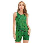 Green Marijuana Leaf Print Sleeveless One Piece Swimsuit
