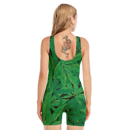 Green Marijuana Leaf Print Sleeveless One Piece Swimsuit