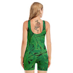 Green Marijuana Leaf Print Sleeveless One Piece Swimsuit