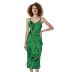 Green Marijuana Leaf Print Slim Fit Midi Cami Dress