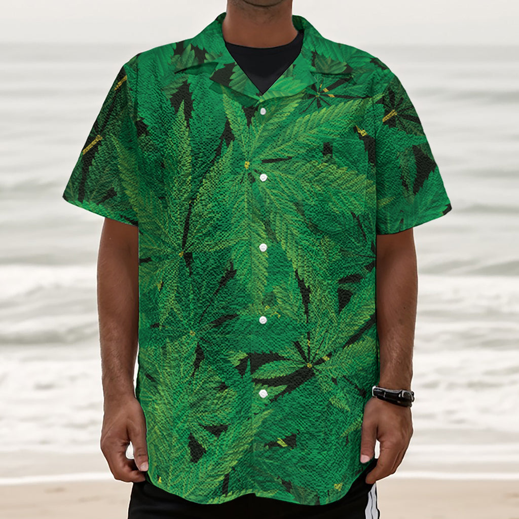 Green Marijuana Leaf Print Textured Short Sleeve Shirt