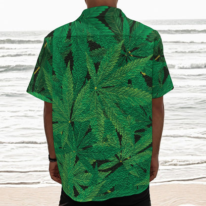 Green Marijuana Leaf Print Textured Short Sleeve Shirt