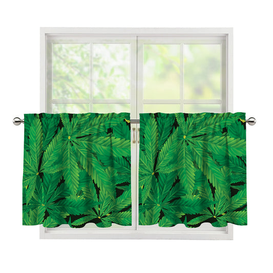 Green Marijuana Leaf Print Tier Curtains