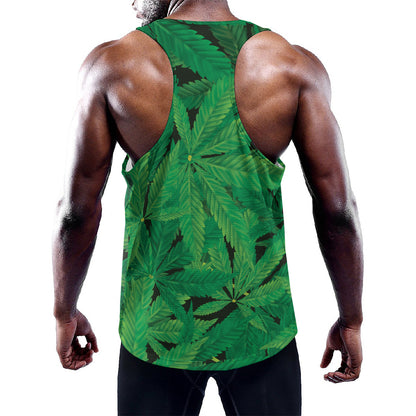 Green Marijuana Leaf Print Training Tank Top