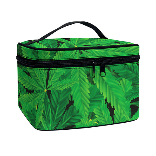 Green Marijuana Leaf Print Travel Makeup Bag