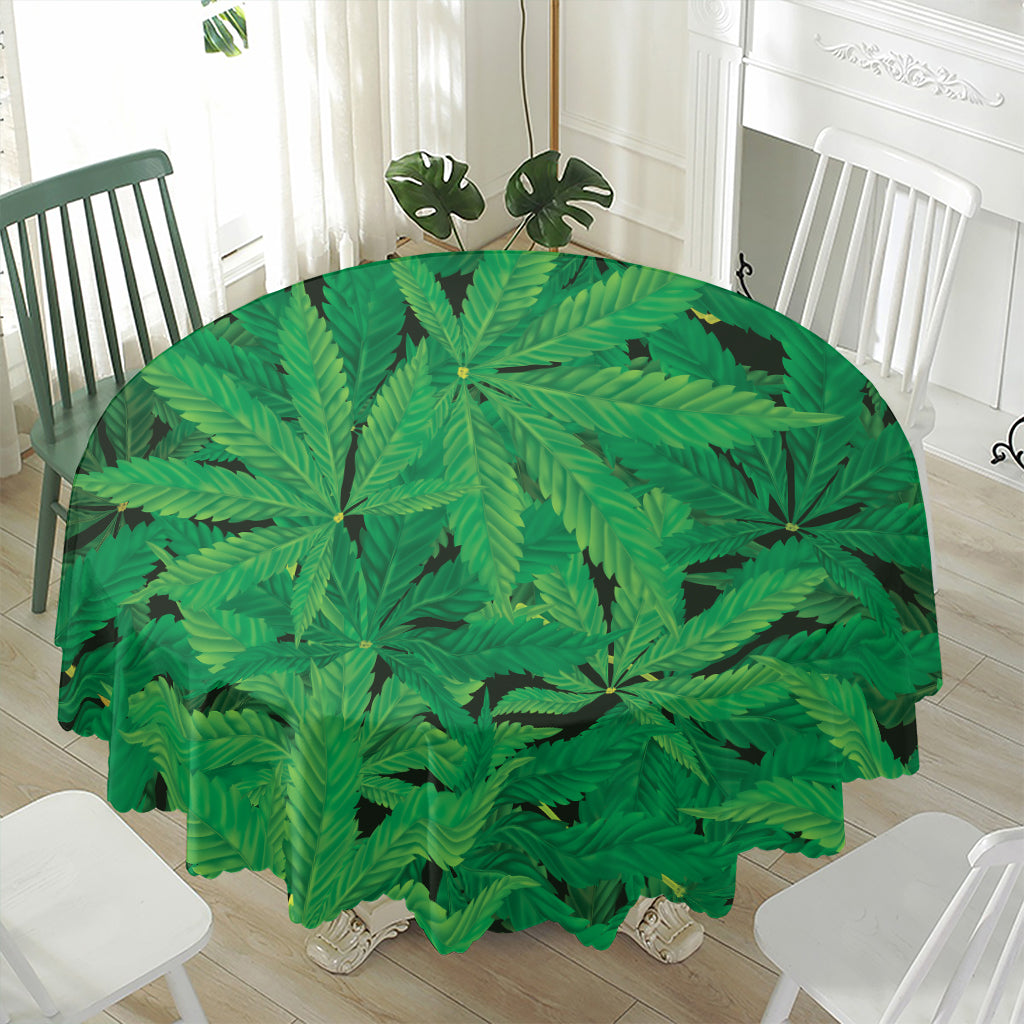Green Marijuana Leaf Print Waterproof Round Tablecloth