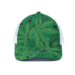 Green Marijuana Leaf Print White Mesh Trucker Cap