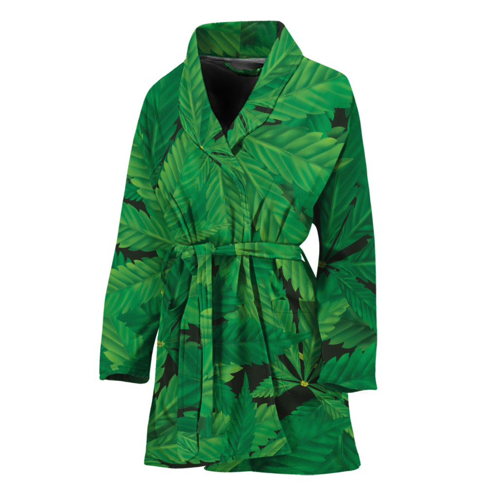Green Marijuana Leaf Print Women's Bathrobe