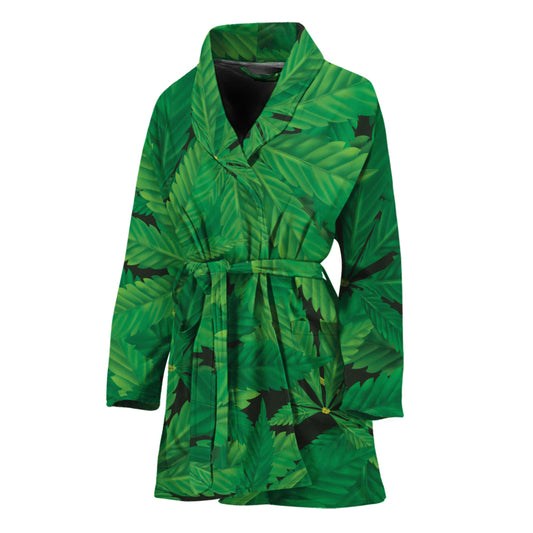 Green Marijuana Leaf Print Women's Bathrobe