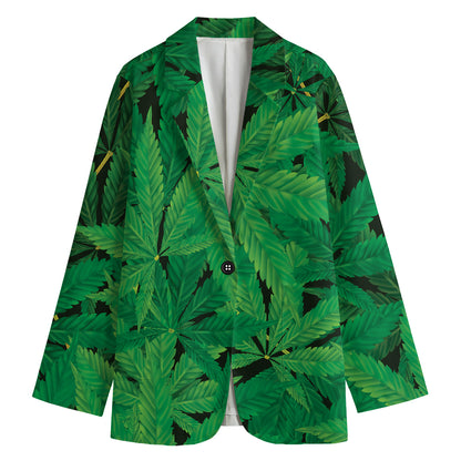 Green Marijuana Leaf Print Women's Blazer