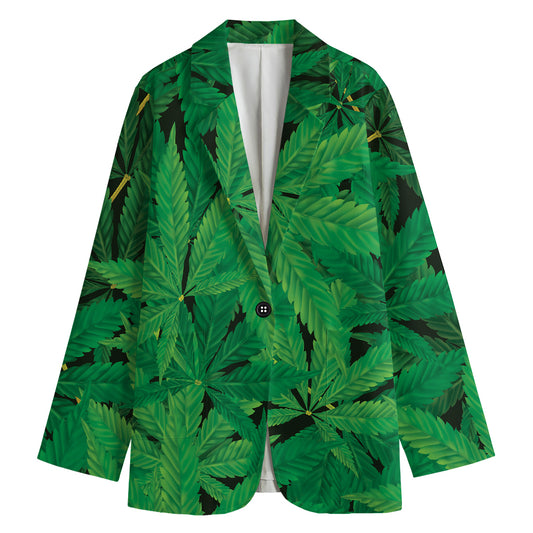 Green Marijuana Leaf Print Women's Blazer