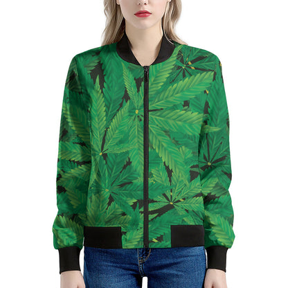 Green Marijuana Leaf Print Women's Bomber Jacket