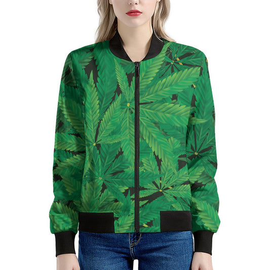 Green Marijuana Leaf Print Women's Bomber Jacket