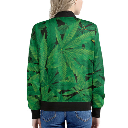 Green Marijuana Leaf Print Women's Bomber Jacket