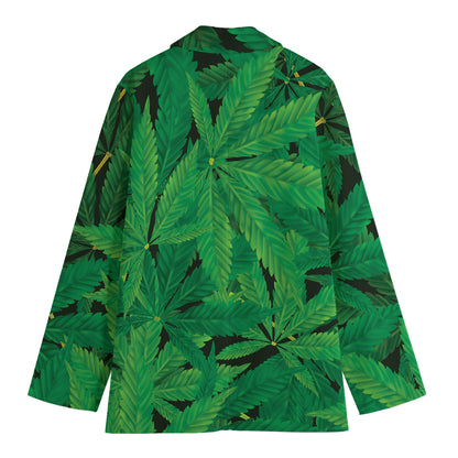 Green Marijuana Leaf Print Women's Cotton Blazer