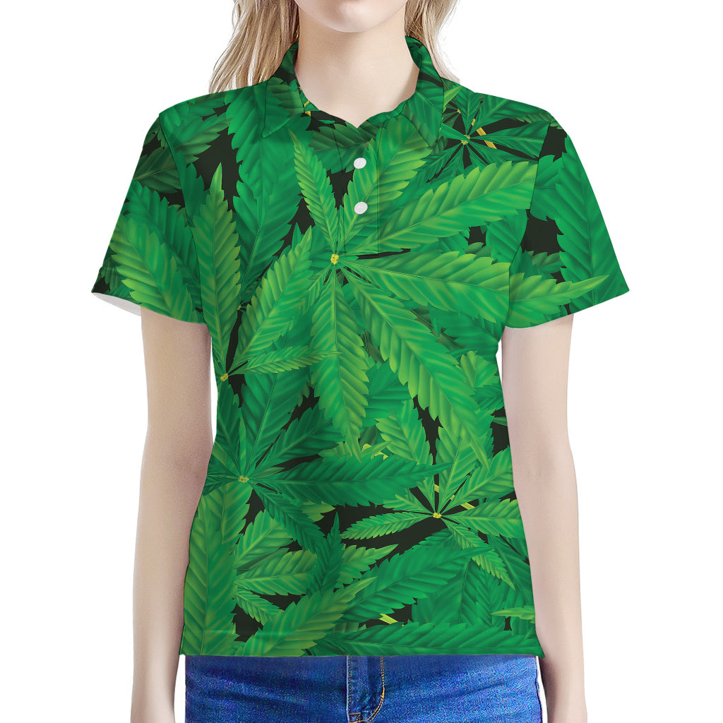 Green Marijuana Leaf Print Women's Polo Shirt