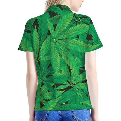 Green Marijuana Leaf Print Women's Polo Shirt