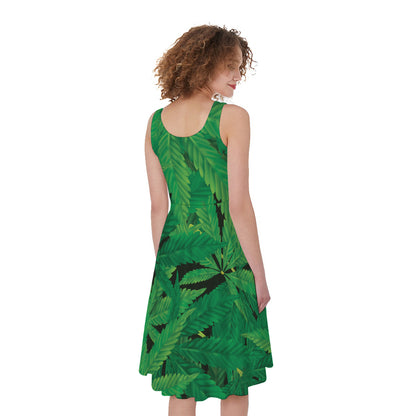 Green Marijuana Leaf Print Women's Sleeveless Dress
