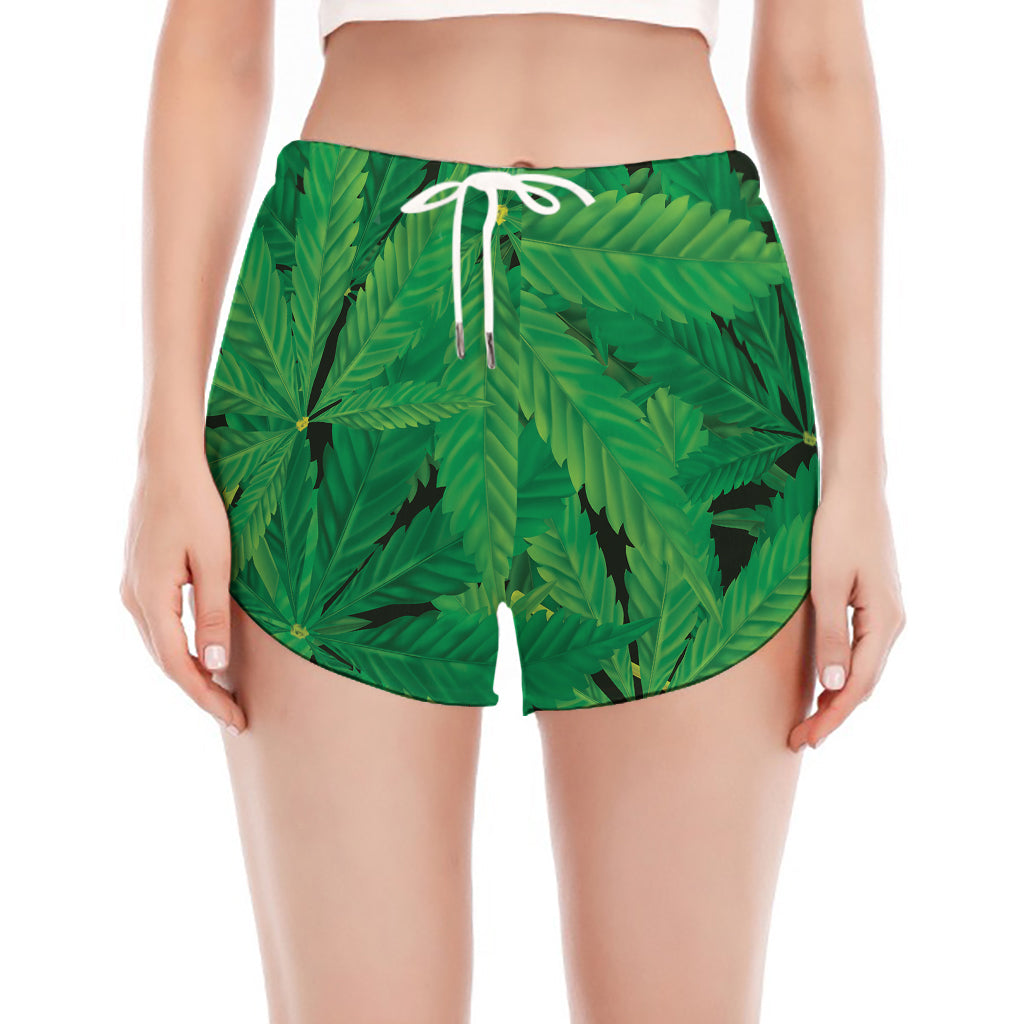 Green Marijuana Leaf Print Women's Split Running Shorts