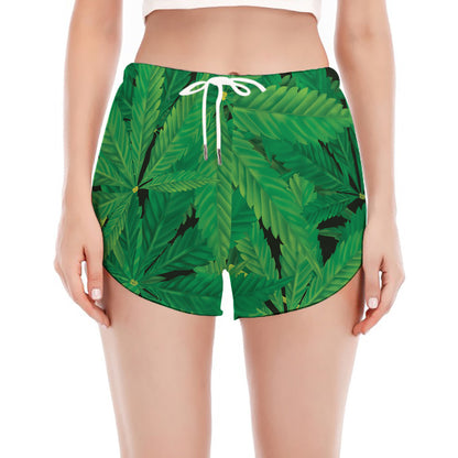 Green Marijuana Leaf Print Women's Split Running Shorts