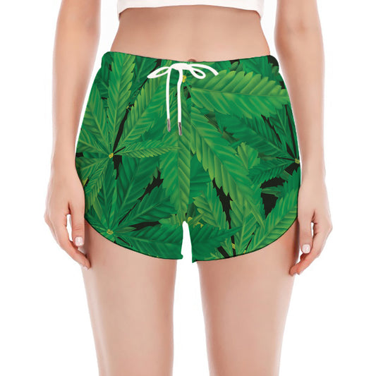 Green Marijuana Leaf Print Women's Split Running Shorts