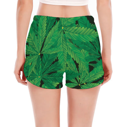 Green Marijuana Leaf Print Women's Split Running Shorts