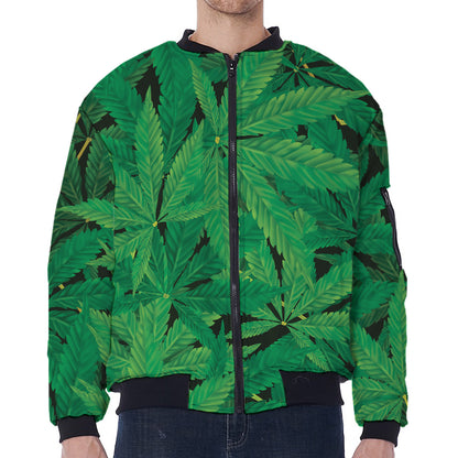 Green Marijuana Leaf Print Zip Sleeve Bomber Jacket