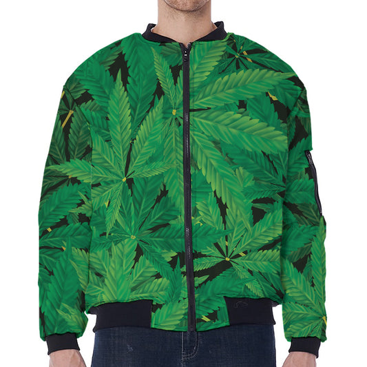 Green Marijuana Leaf Print Zip Sleeve Bomber Jacket