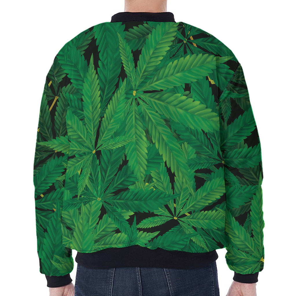 Green Marijuana Leaf Print Zip Sleeve Bomber Jacket