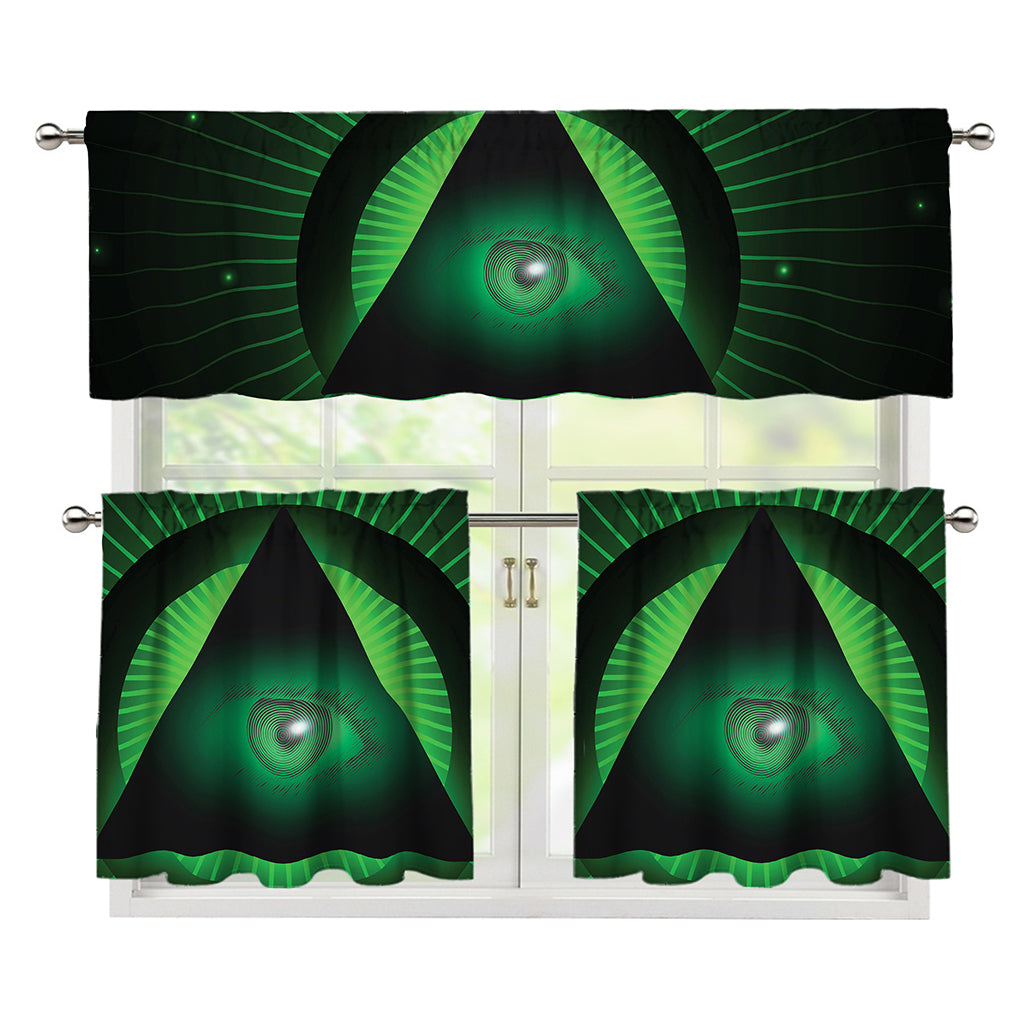 Green Masonic Eye Print 3 Piece Kitchen Curtains