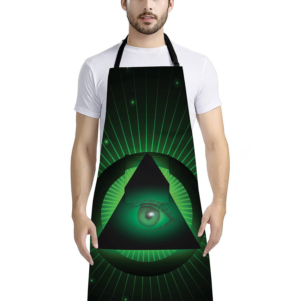 Green Masonic Eye Print Bib Apron With Pocket