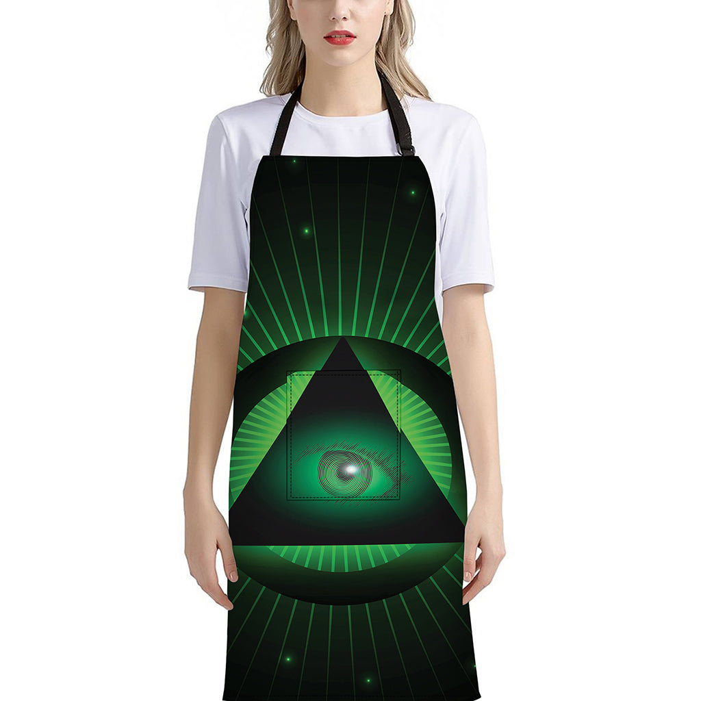 Green Masonic Eye Print Bib Apron With Pocket