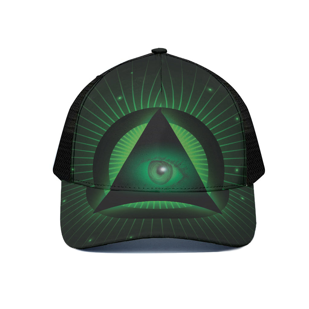 Green Masonic Eye Print Black Mesh Trucker Cap
