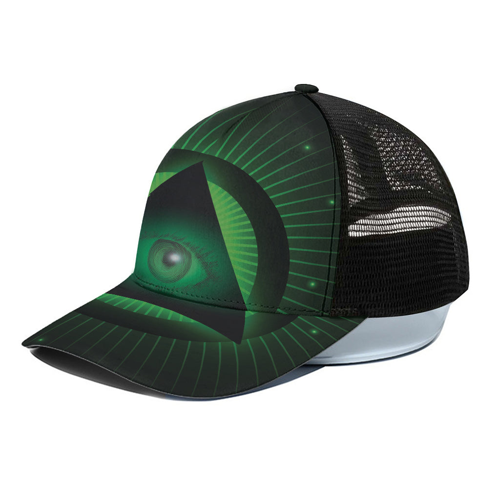 Green Masonic Eye Print Black Mesh Trucker Cap