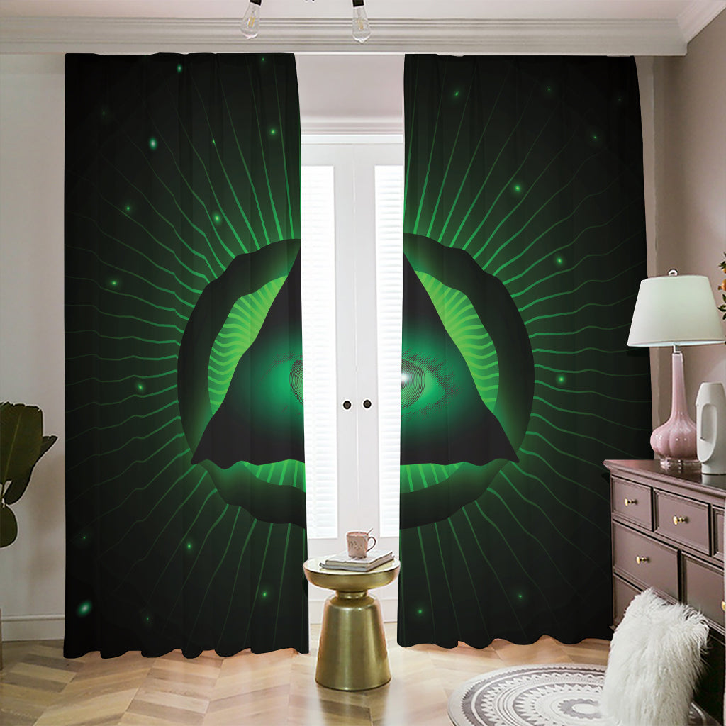 Green Masonic Eye Print Blackout Pencil Pleat Curtains