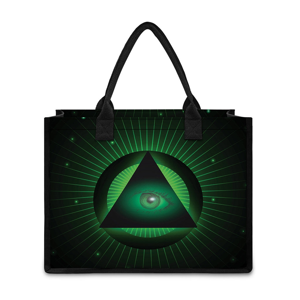 Green Masonic Eye Print Canvas Tote Bag